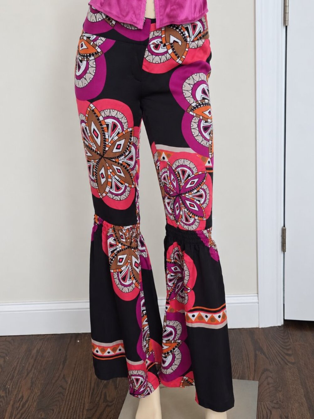 Y2K Vintage Psychedelic Festival Bell Bottom Pants 70s Style Low Rise Flare Bebe